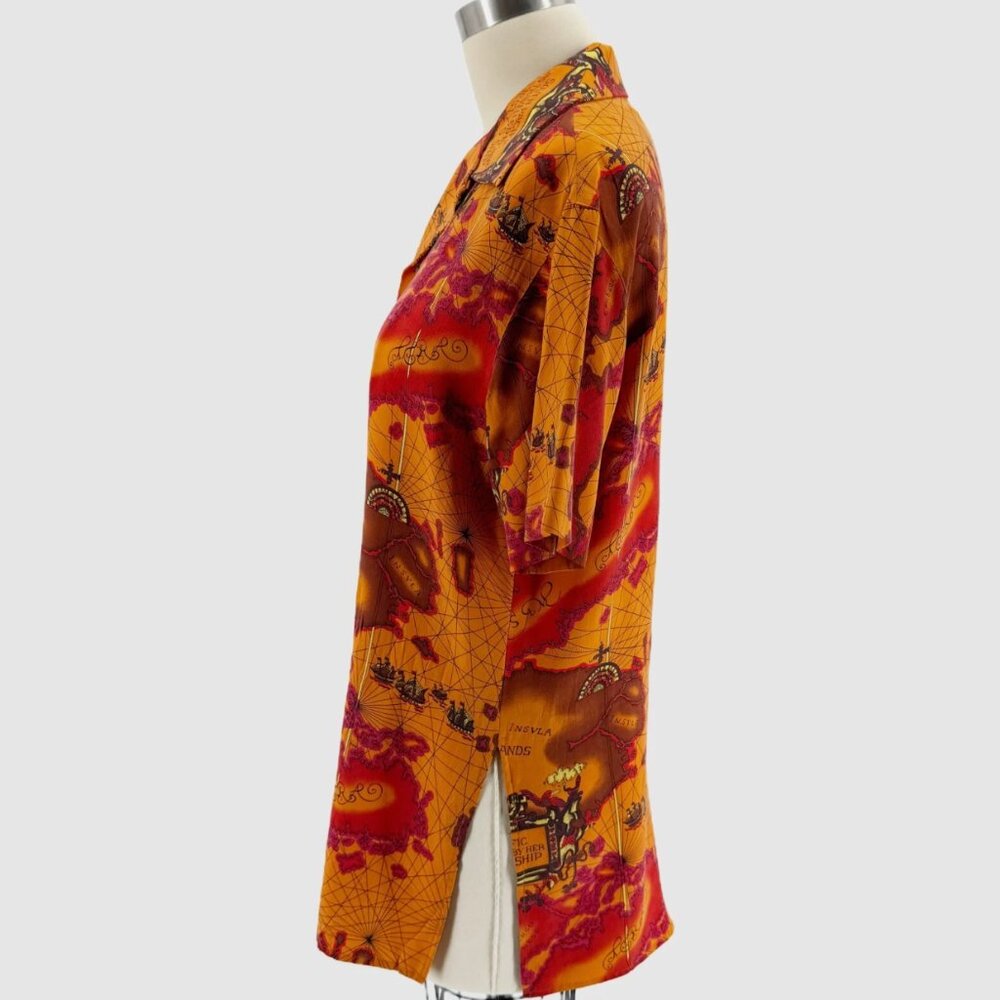 Anne Pinkerton Vintage 90s Silk Map Print Shirt Size P Spice Islands Nautical - Picture 2 of 7